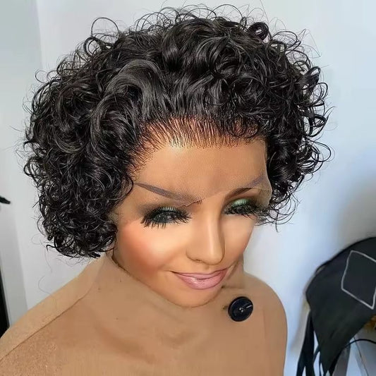 t Pixie Cut Wig Colored Lace Wig Spring curl Short Bob Human Hair Wig For Women Natural Black Color Human Hair Cheap Wig 13X