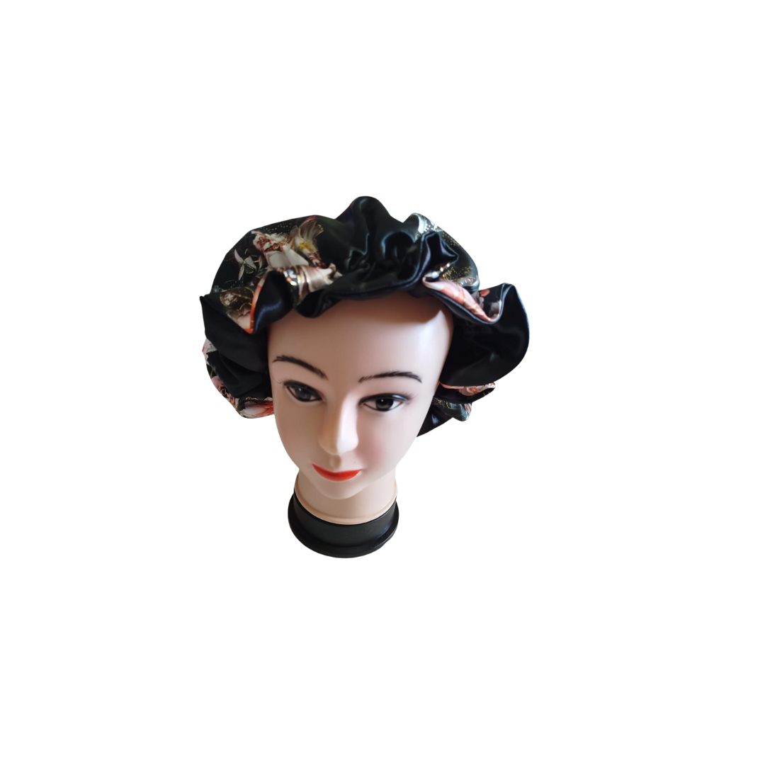 High quality Silk Hair Bonnet PRINTED BLACK